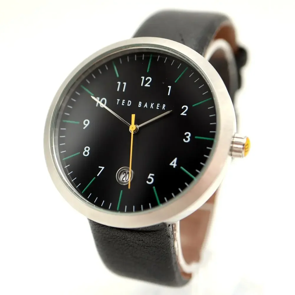 Ted Baker Mens Round 42mm Classic Date Watch Dress Black Leather w New Battery